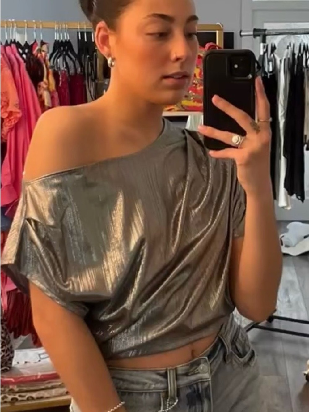 Metallic One-Shoulder Top - Silver